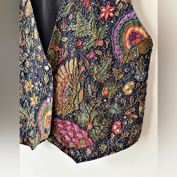 Vintage Hand Beaded Batik Vest Bird Floral Sequin Boho Folk Art to Wear Size M - Picture 9 of 14